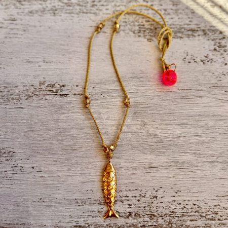 Collier Jean-Roger cordon et pendentif poisson doré, cordon, perles doré et poisson en acier inoxydable