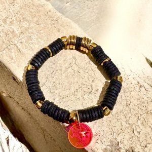 Bracelet élastique Raymond, pierres de lave, perles en acier inoxydable dorée création Bella-pampa