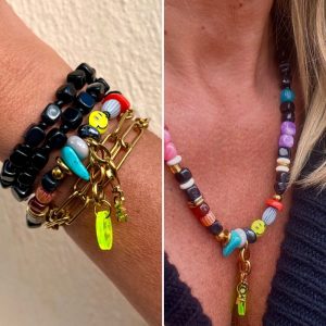 Collier ou bracelet Rick, mélange de perles colorées, charm love, smiley, cubes, corail, Bella-pampa.