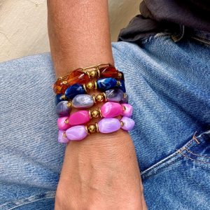 Gros bracelet LILI, grosses perles galets, ambre, gris, rose, Lila, marine, perles dorées et acier inoxydable, Bella-pampa.