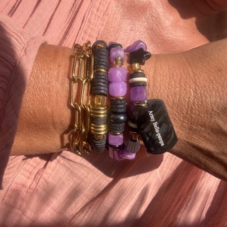 Bracelet double tour Charlie, perles cubes violettes, perles de lave, étoile, trèfles, acier inoxydable, plaque noire Army Bella-pampa.