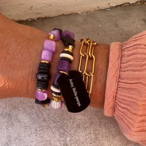 Bracelet double tour Charlie, perles cubes violettes, perles de lave, étoile, trèfles, acier inoxydable, plaque noire Army Bella-pampa.