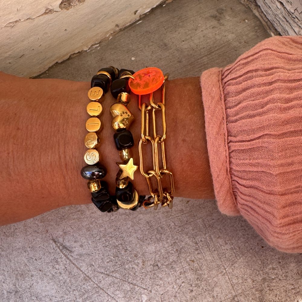 Bracelet double tour Aspen, perles noires et dorées, message Smile, étoile, coeur en acier inoxydable doré, BELLA-PAMPA
