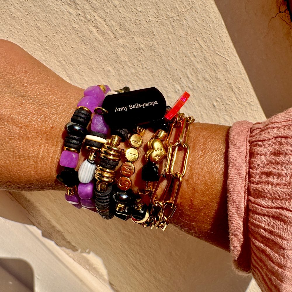 Bracelet double tour Aspen, perles noires et dorées, message Smile, étoile, coeur en acier inoxydable doré, BELLA-PAMPA