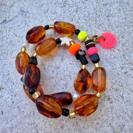 Bracelet double tour Stella, perles couleurs ambre, croix, étoile, perles fluo, création Bella-pampa.