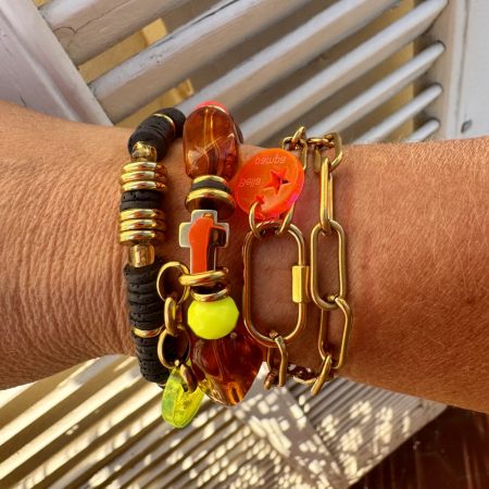 Bracelet Giusti, perles couleur ambre, croix et perles en acier inoxydable dorées, perles fluo, création Bella-pampa.
