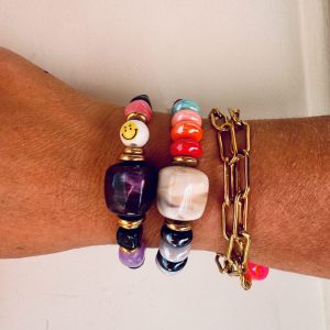 Bracelet smiley Nathan, perles aubergines, cubes noirs, perles en acier inoxydable, bella-pampa