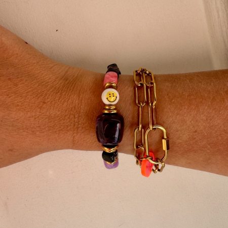 Bracelet smiley Nathan, perles aubergines, cubes noirs, perles en acier inoxydable, bella-pampa
