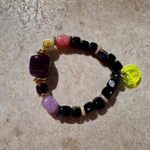 Bracelet smiley Nathan, perles aubergines, cubes noirs, perles en acier inoxydable, bella-pampa