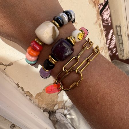 Bracelet smiley Nathan, perles aubergines, cubes noirs, perles en acier inoxydable, bella-pampa
