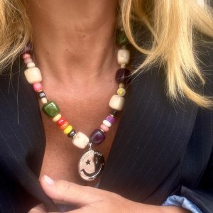 Collier Charles, gros smiley argent 925, perles multicolores, Bella-pampa