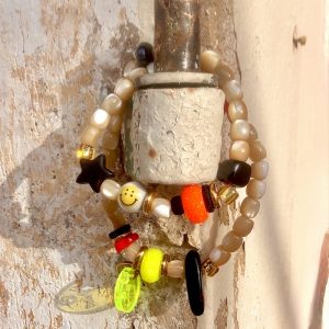 Bracelet double tour Noé, perles smiley, fluo, étoile, pierres semi-précieuses, Bella-pampa