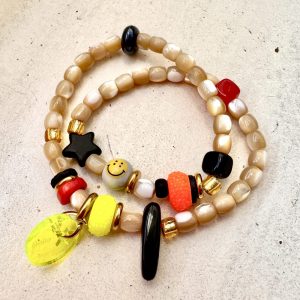 Bracelet double tour Noé, perles smiley, fluo, étoile, pierres semi-précieuses, Bella-pampa