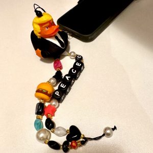 Bijou de téléphone Trumpy, perles message Peace, hamburger, tête Donald, Création Bella-pampa.