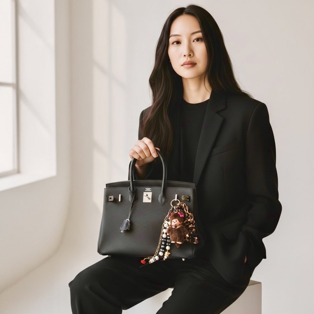 Bijou de sac Madame kiki Maya, Bag charms de luxe, perles, message kiki et Love, chaine acier inoxydable dorée, Bella-pampa