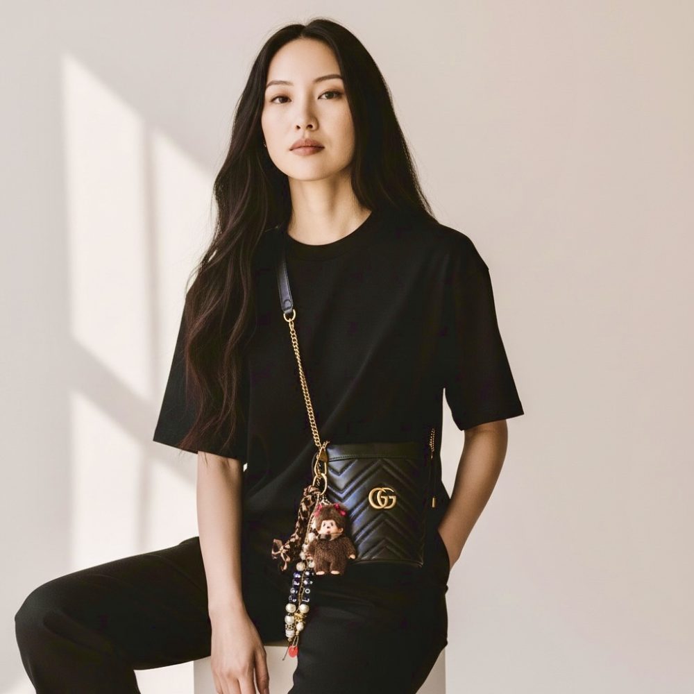 Bijou de sac Madame kiki Maya, Bag charms de luxe, perles, message kiki et Love, chaine acier inoxydable dorée, Bella-pampa