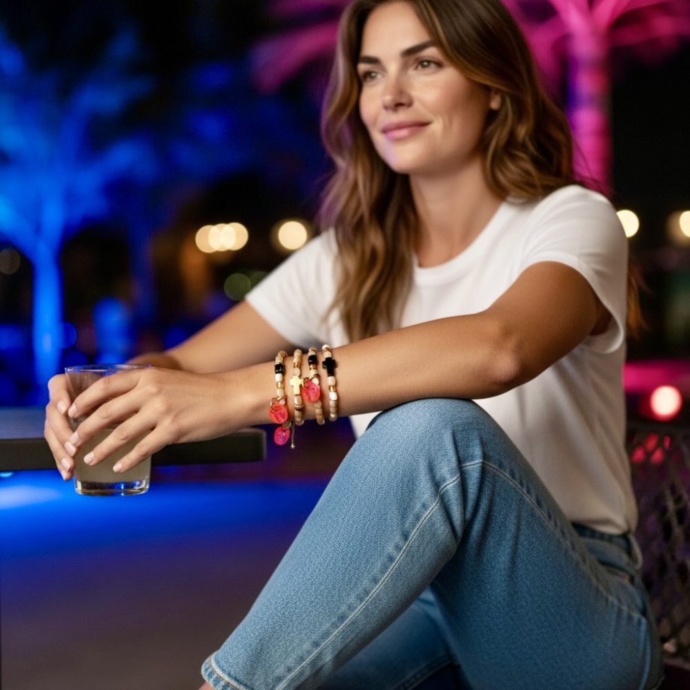 Bracelet double tour Mattia croix, doré, perles en nacre, dorées, creation Bella-pampa.