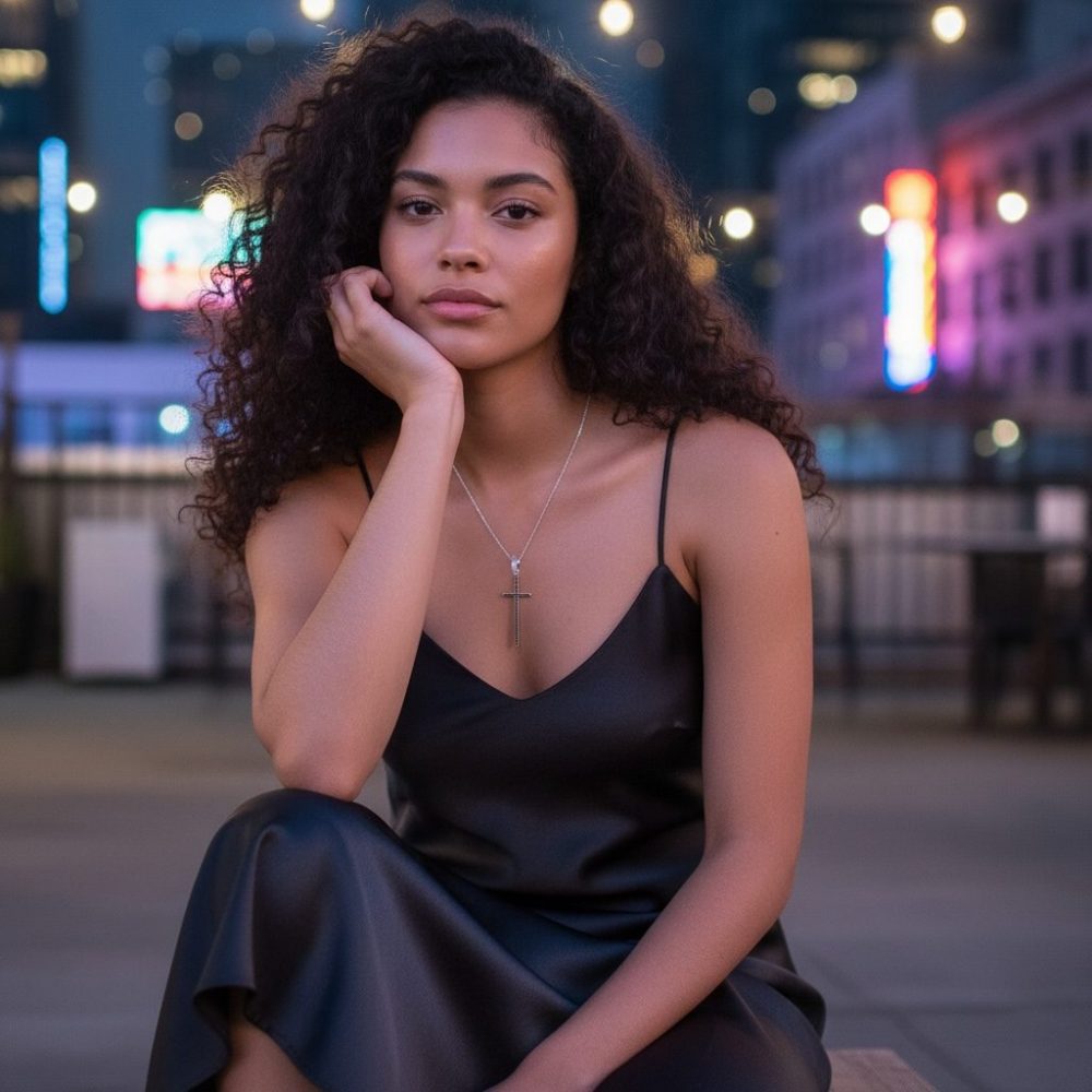 Collier Giovanni longue croix en argent et zircon, chaine 40 Cm en argent 925 , création Bella-pampa