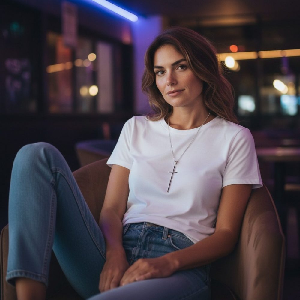 Collier Giovanni longue croix en argent et zircon, chaine 40 Cm en argent 925 , création Bella-pampa