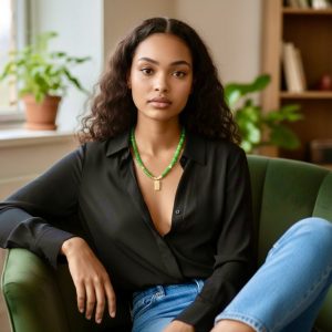 Collier Pepita, perles en verre verte, ,nacre, pendentif chance en acier inoxydable