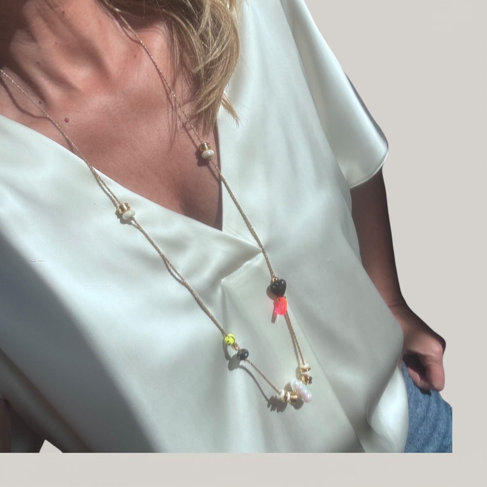 Sautoir cordon Nomade, nuage, perles en acier inoxydable, coeur, smiley.