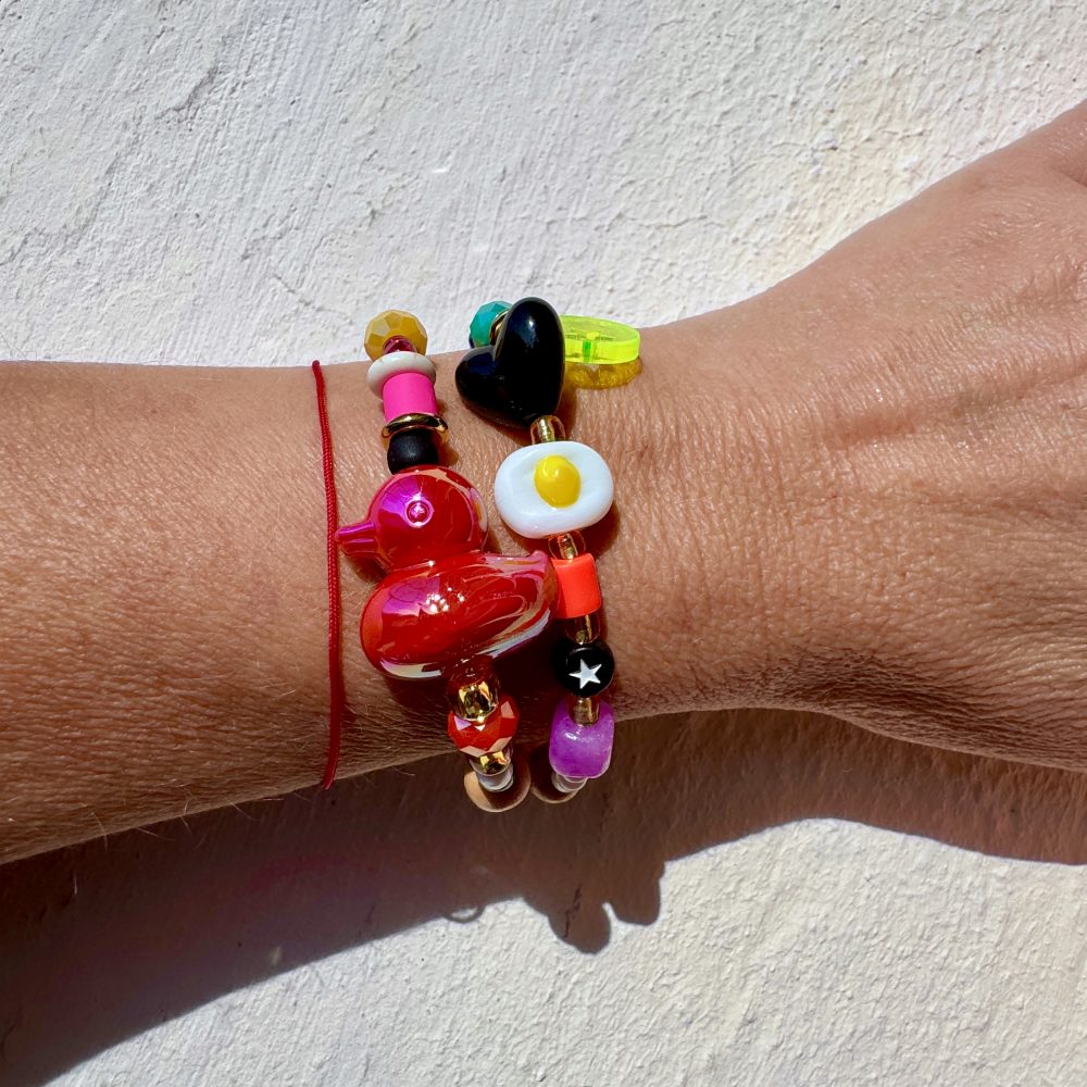 Bracelet double tour Lovely Lunatic, perles canard, oeuf au plat, coeur, perles multicolores, création Bella-pampa.