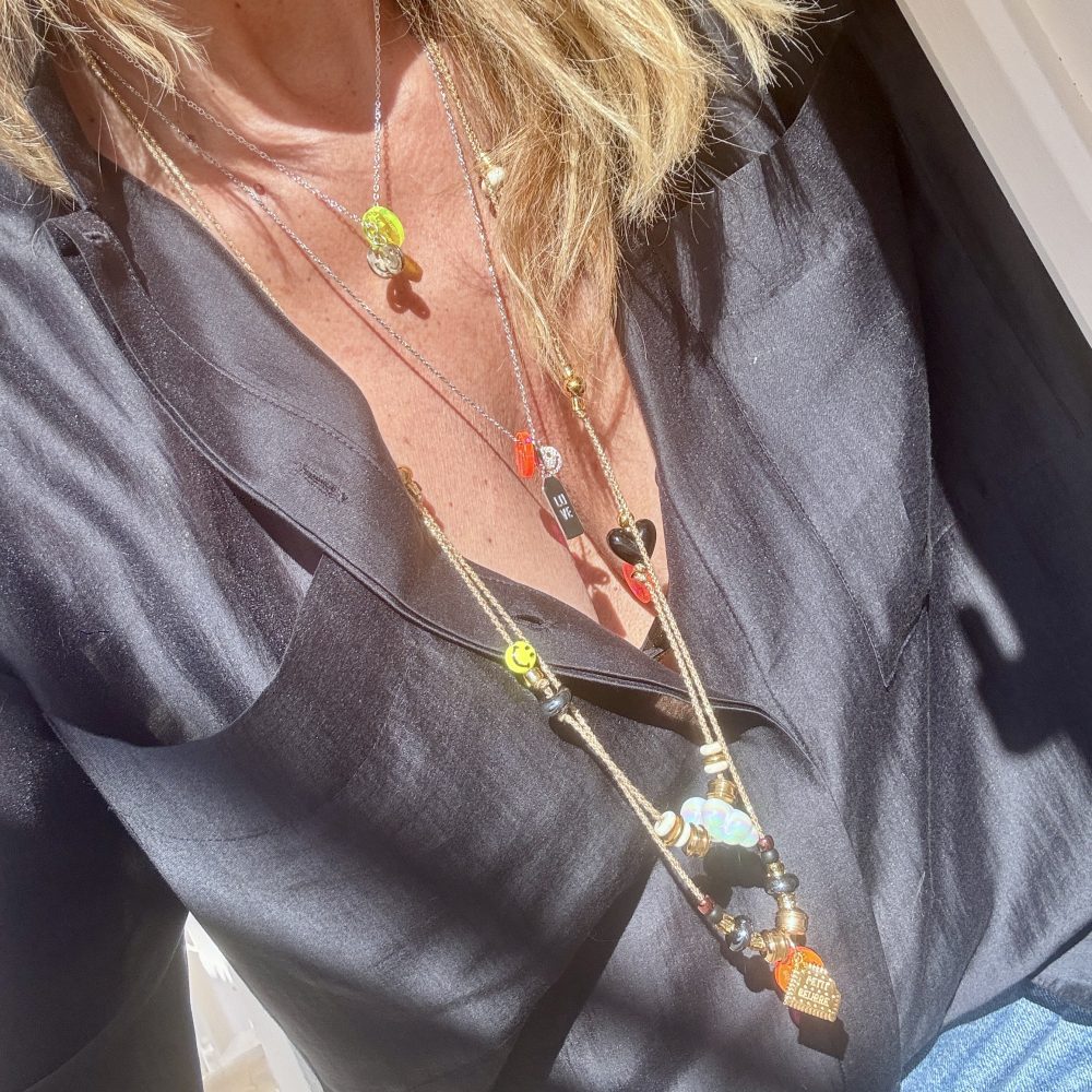 Sautoir Bella Petit Beurre, cordon réglable, perles en acier inoxydable dorées, perle petit beurre.