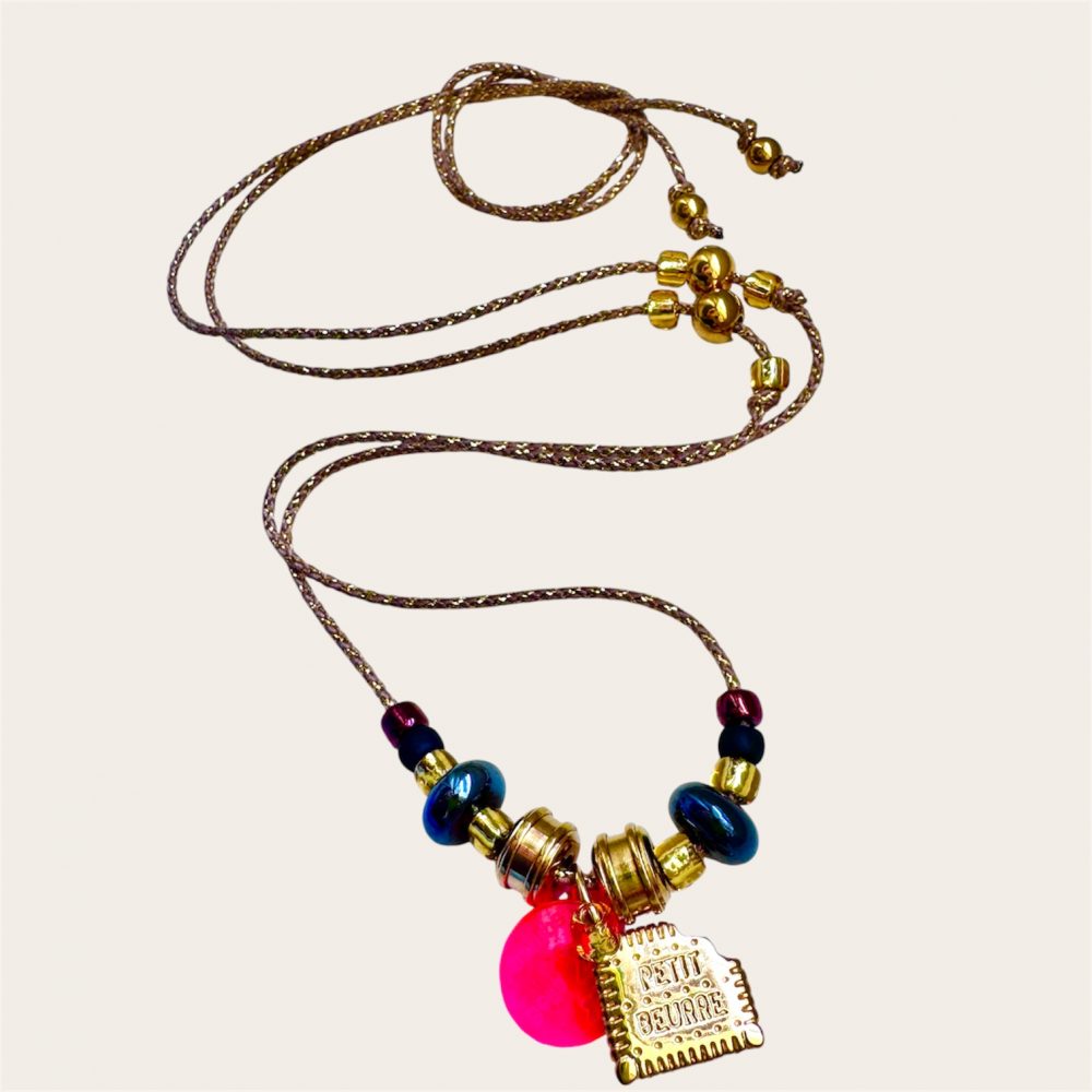 Sautoir Bella Petit Beurre, cordon réglable, perles en acier inoxydable dorées, perle petit beurre.