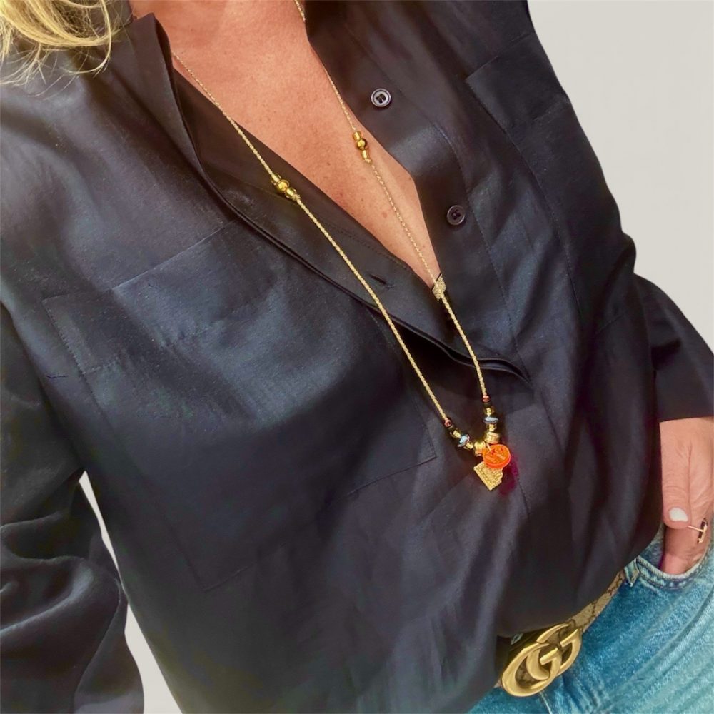 Sautoir Bella Petit Beurre, cordon réglable, perles en acier inoxydable dorées, perle petit beurre.