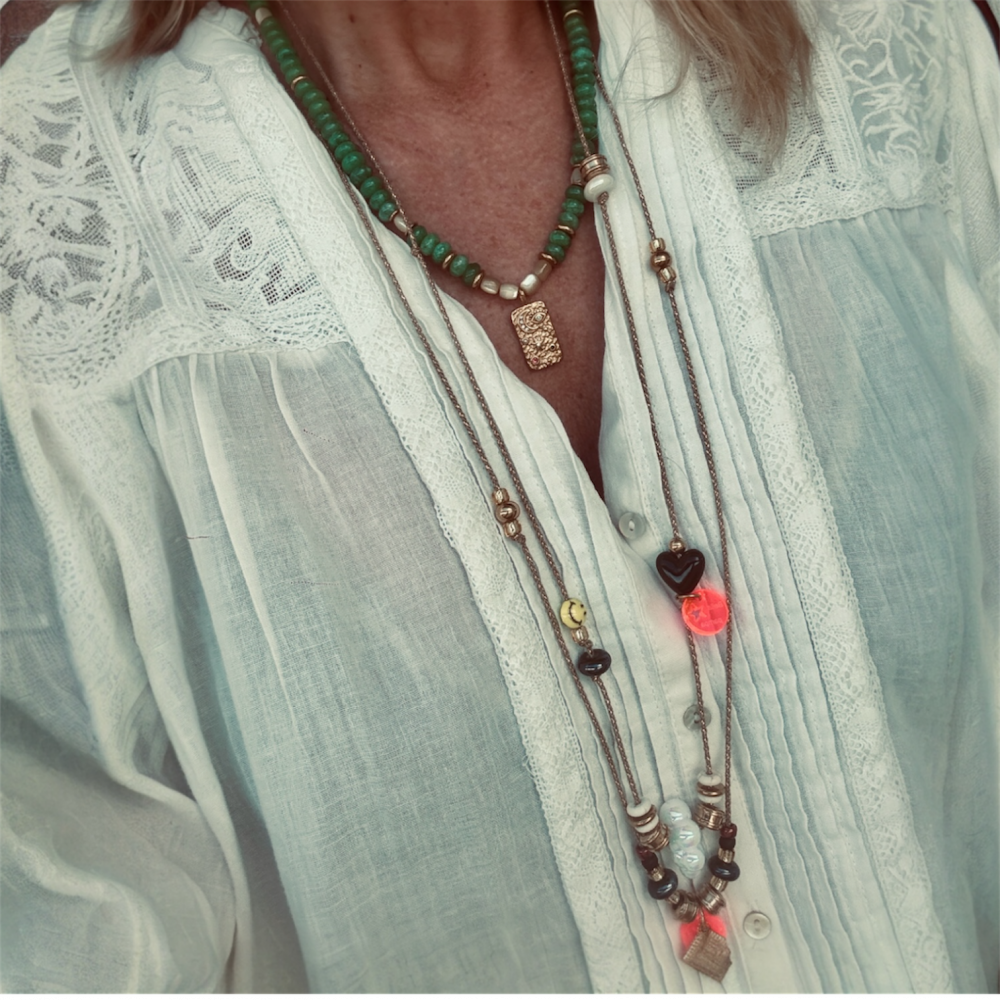 Sautoir Bella Petit Beurre, cordon réglable, perles en acier inoxydable dorées, perle petit beurre.