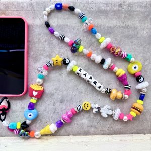 Bijou de téléphone bandouliére Bullshit, perles décalées colorées, canard, ice cream, oeil, hamburger, message Karma.