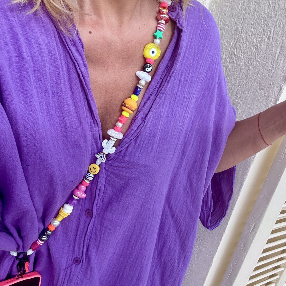 Bijou de téléphone bandouliére Bullshit, perles décalées colorées, canard, ice cream, oeil, hamburger, message Karma.