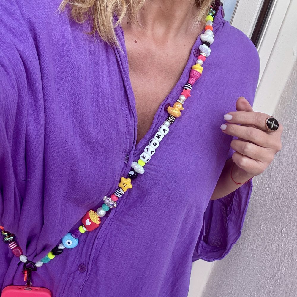 Bijou de téléphone bandouliére Bullshit, perles décalées colorées, canard, ice cream, oeil, hamburger, message Karma.