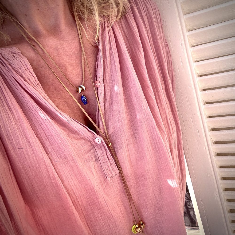 Sautoir cordon réglable Didou, pendentif poisson, perles strass, perles en acier inoxydable, Bella-pampa.