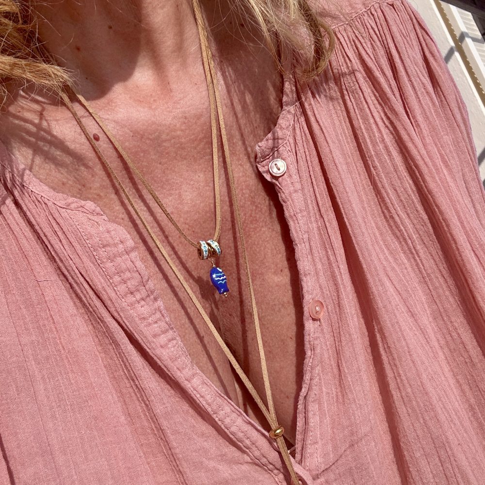 Sautoir cordon réglable Didou, pendentif poisson, perles strass, perles en acier inoxydable, Bella-pampa.