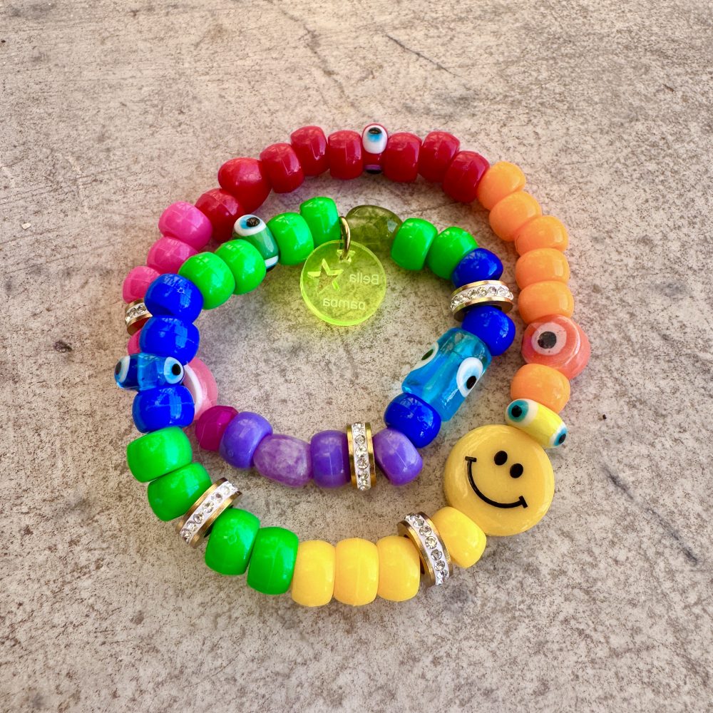 Bracelet double tour, Tribeca, perles arc-en-ciel rainbow, smiley oeil.