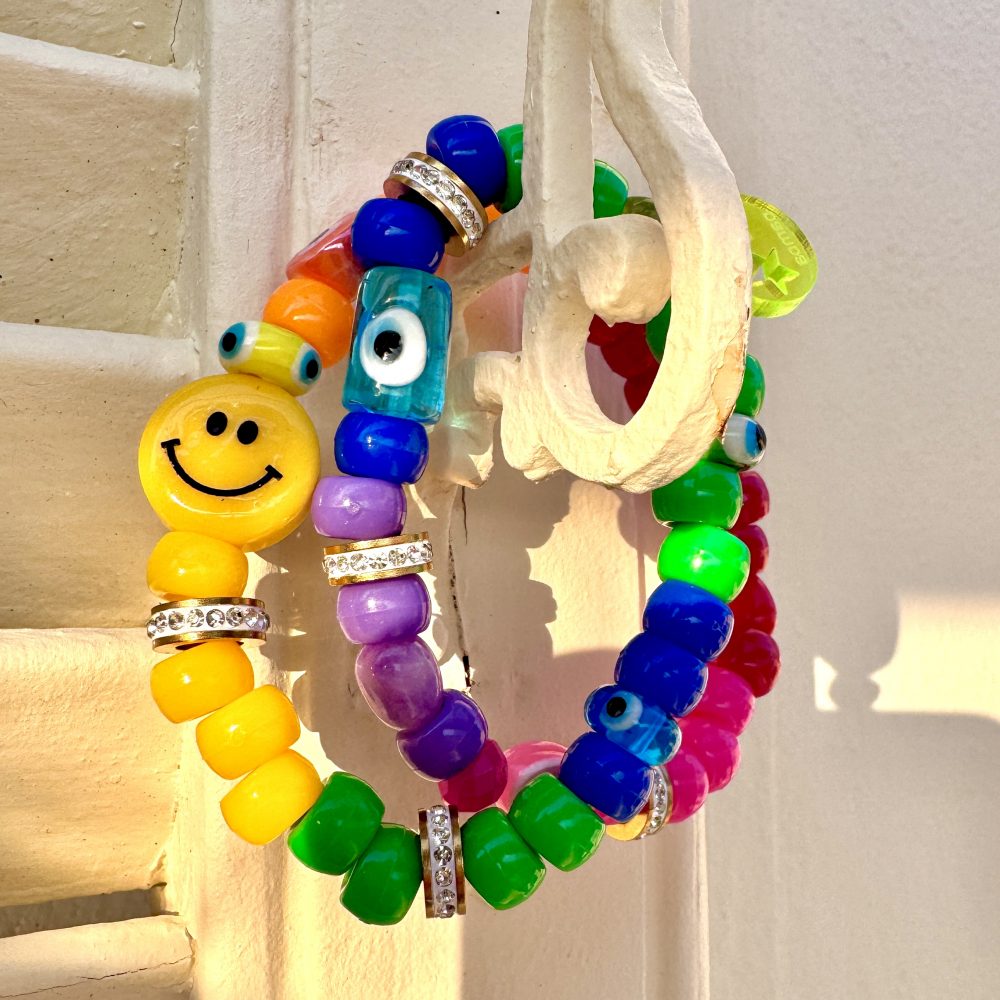 Bracelet double tour, Tribeca, perles arc-en-ciel rainbow, smiley oeil.