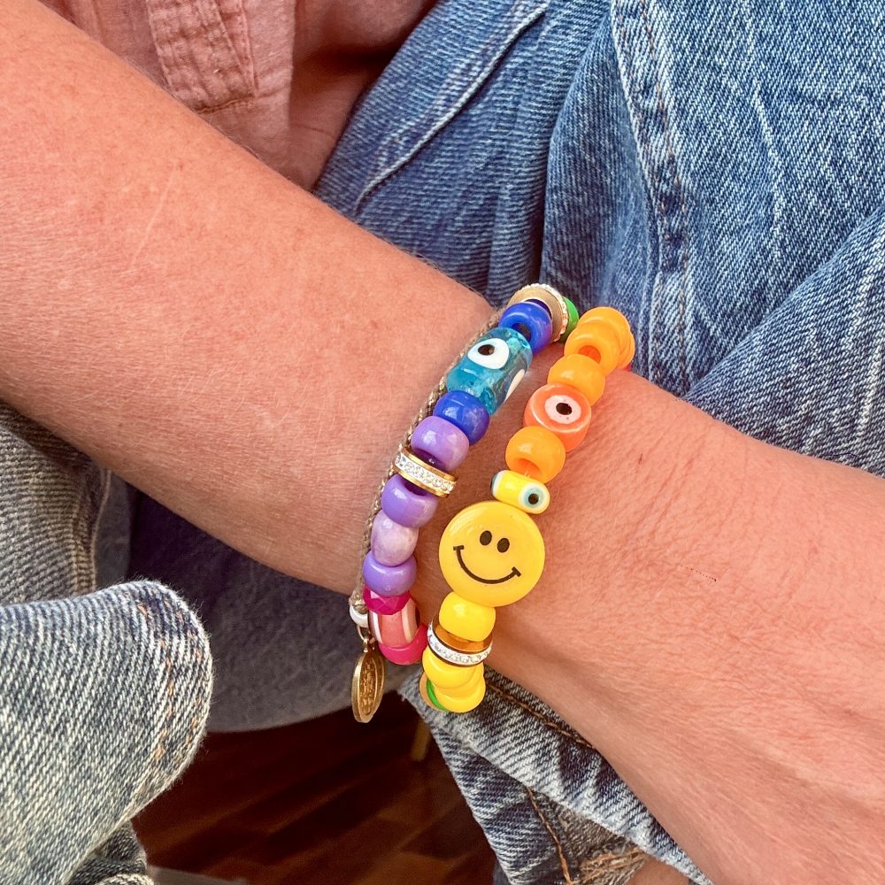 Bracelet double tour, Tribeca, perles arc-en-ciel rainbow, smiley oeil.