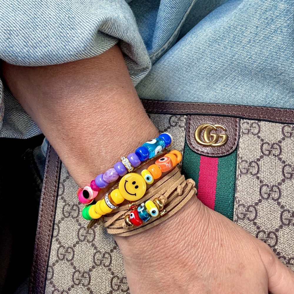 Bracelet double tour, Tribeca, perles arc-en-ciel rainbow, smiley oeil.