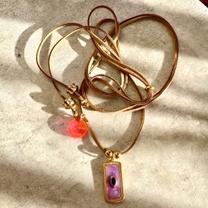 Sautoir cordon réglable Magie, pendentif plaque oeil lilas, perles en acier inoxydable, Bella-pampa.