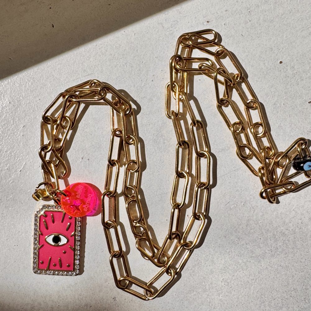 Collier Palmye chaine longue en acier inoxydable, pendentif rose pep's plaque oeil en acier inoxydable et strass.