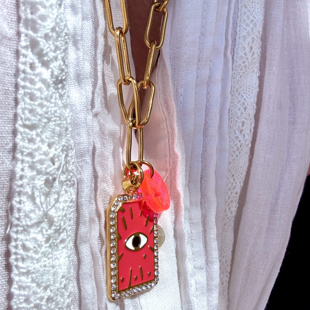 Collier Palmye chaine longue en acier inoxydable, pendentif rose pep's plaque oeil en acier inoxydable et strass.