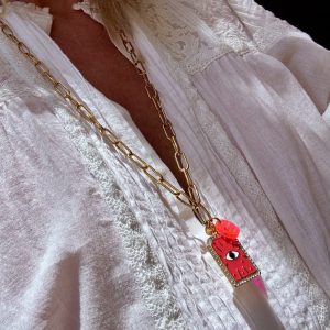 Collier Palmye chaine longue en acier inoxydable, pendentif rose pep's plaque oeil en acier inoxydable et strass.