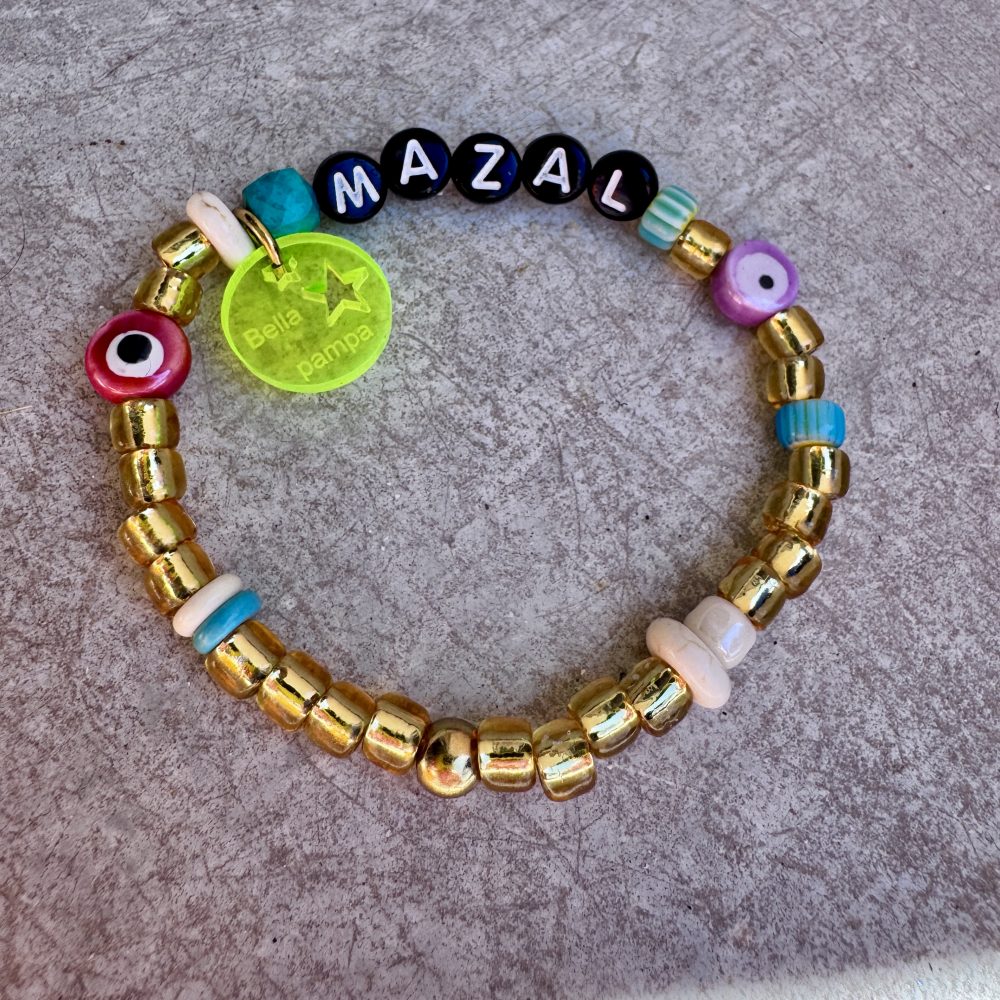 Bracelet élastique Mazal ou Karma, perles dorées, colorées, messages