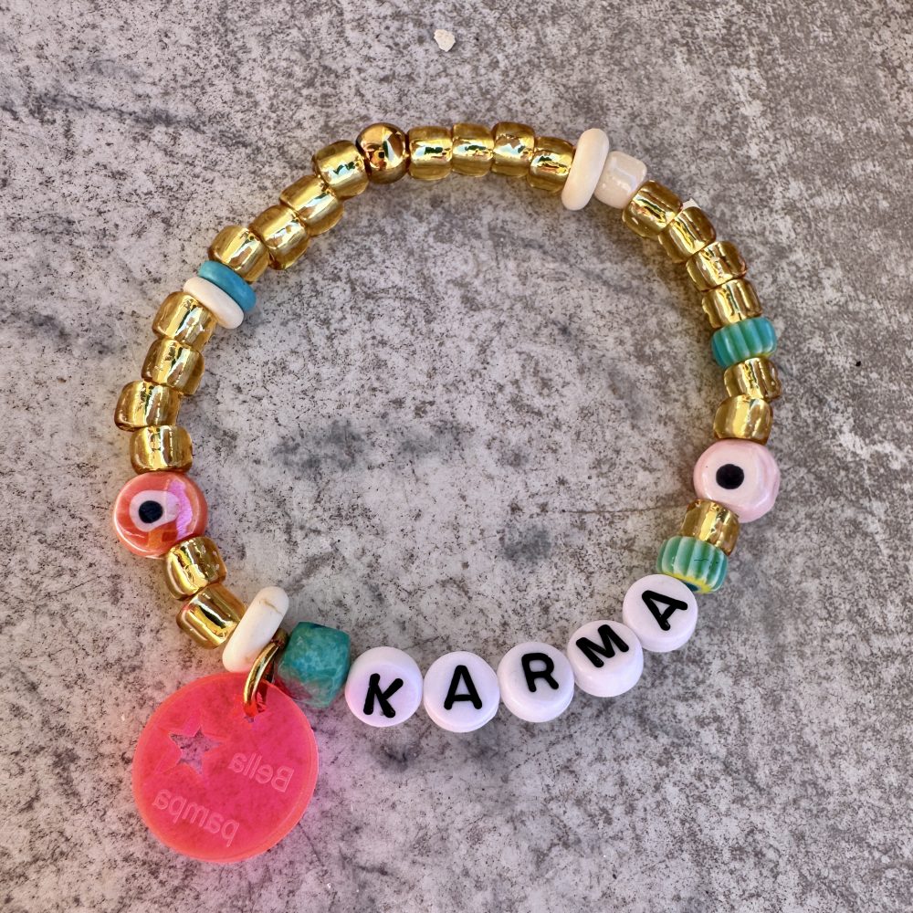 Bracelet élastique Mazal ou Karma, perles dorées, colorées, messages
