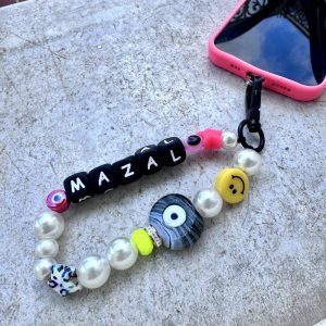 Bijou de téléphone ou porte-clés, Mazal un bijou porte-bonheur, melange de perle oeil, message, smiley