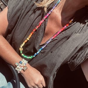 Sautoir Tribeca, perles arc en ciel, oeil de protection, smiley, perles semi-précieuse, Rainbow.