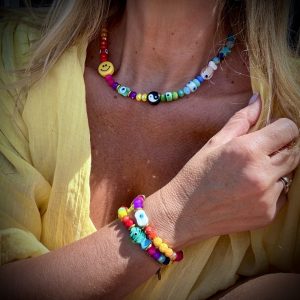 Coliler Palm Rainbow luck, Perles arc-en-ciel, poisson pour la chance, oeil pour la protection, smiley, yin, étoile.