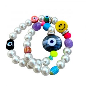 Bracelet double tour Promised Land, oeil de protection, smiley, perles de culture fantaisie, perles fluo, Bella-pampa