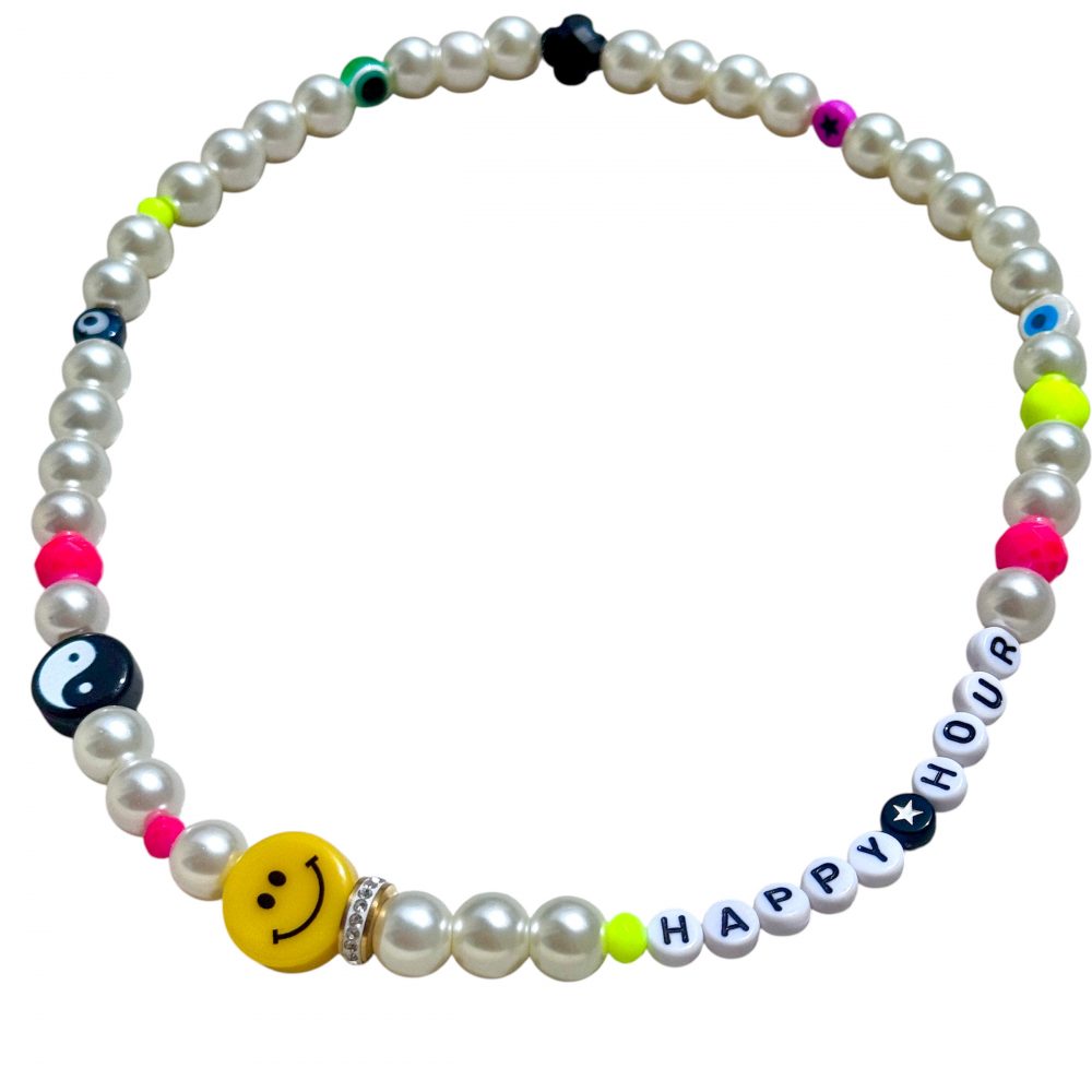 Collier ras de cou Happy Hour, bijou décalé, fun et coloré avec smiley, yin perles fluo message Happy Hour
